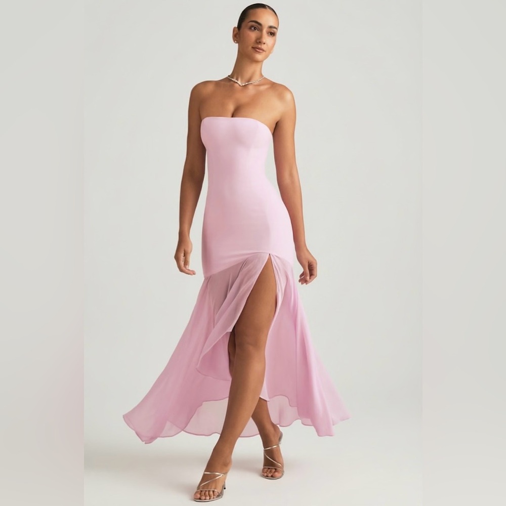 Melina Oh Polly Asymmetric Strapless Fishtail Maxi Dress in Soft Pink